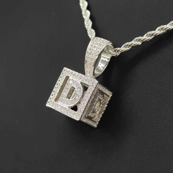 20"Rope Chain - 14K White Gold Finish Square Letter D. - Picture 3 of 7
